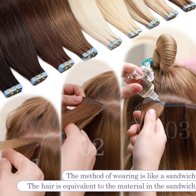 Double Sided Tape in Remy Human Hair Extensions Invisible Skin Wefts Highlight