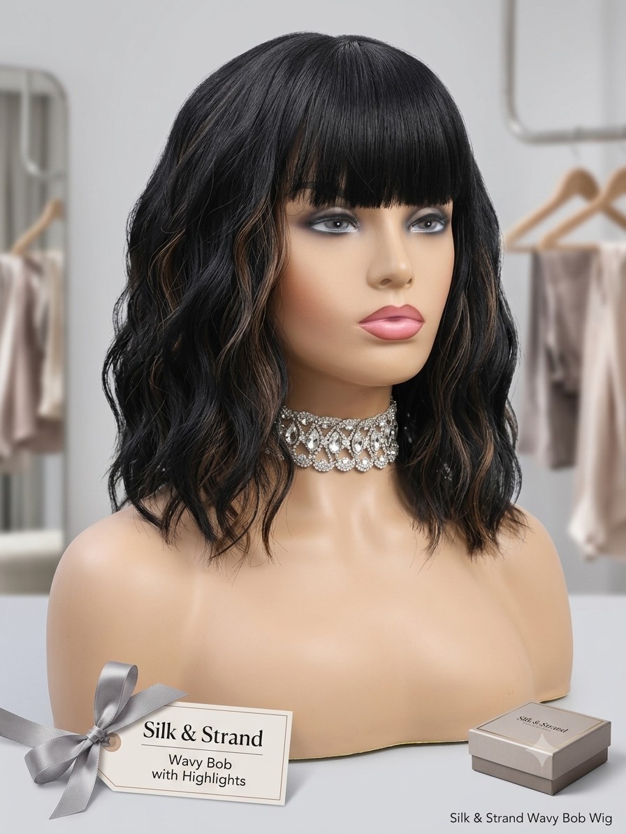 Wavy Bob Black Brown Highlight Wigs with Bangs for Women Short Bob Curly Wig