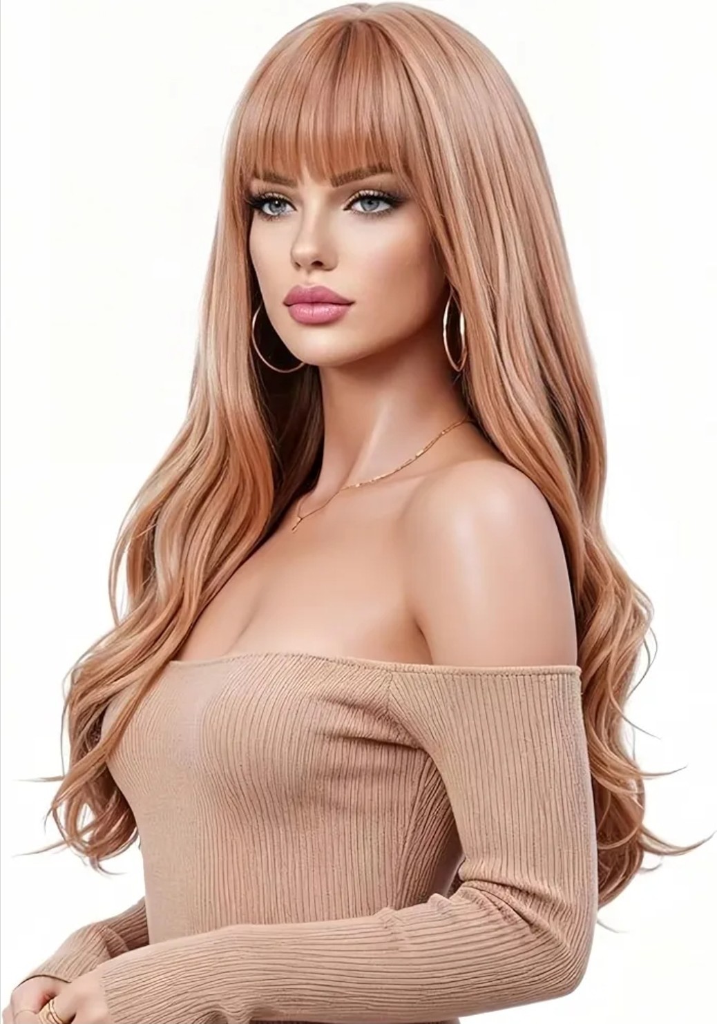 Long Strawberry Blonde Auburn Red Full Wig Human Hair blend layers bangs