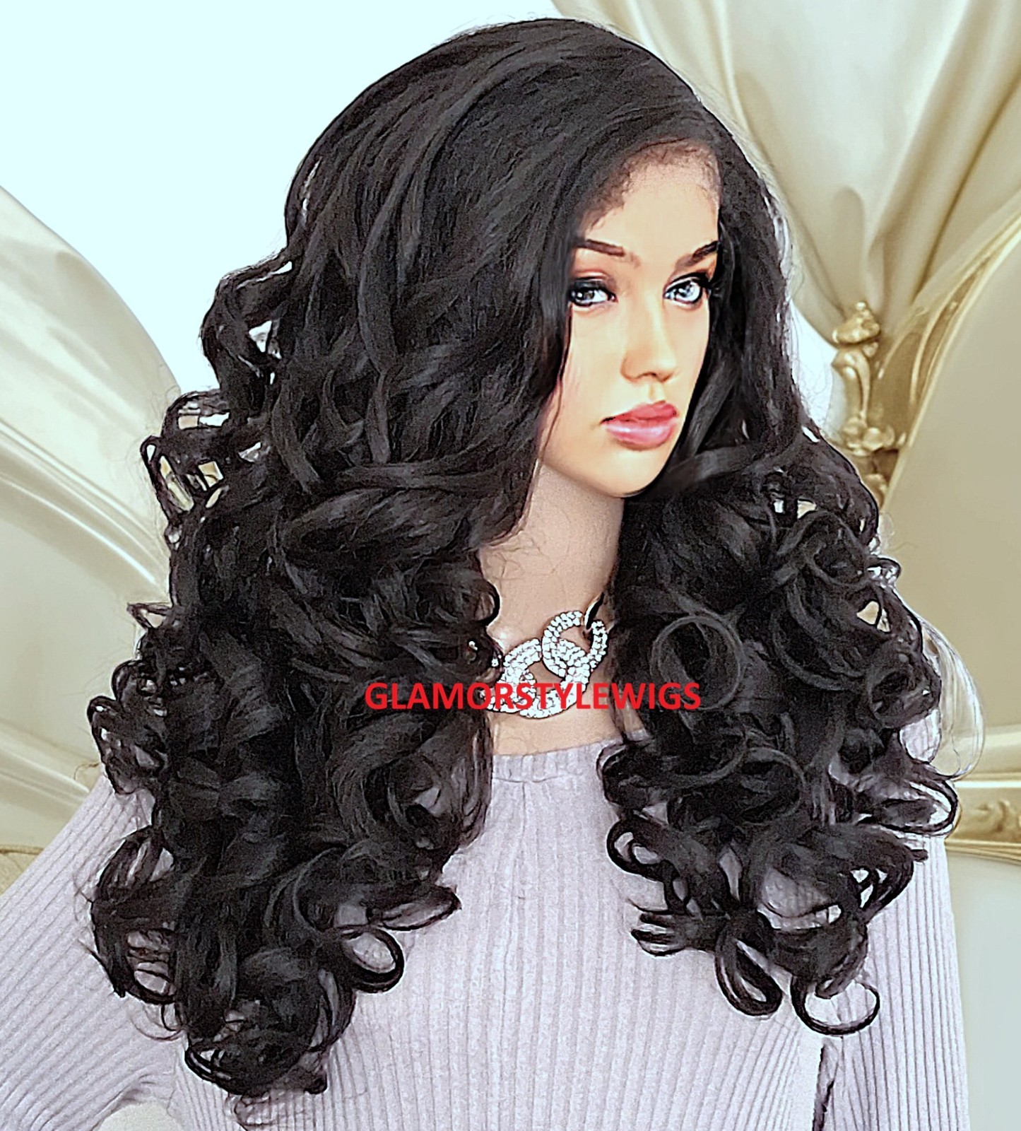 32″ LACE FRONT FULL WIG LONG CURLY LAYERED SIDE PART OFF BLACK #1B NWT