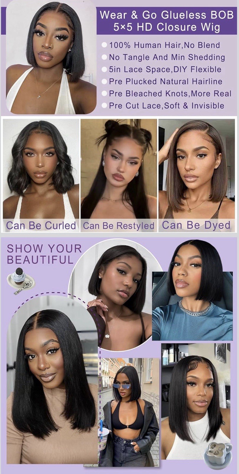 8” Wear and Go Bob Wig Human Hair 180 Density 5×5 HD Lace Closure Pre Everything