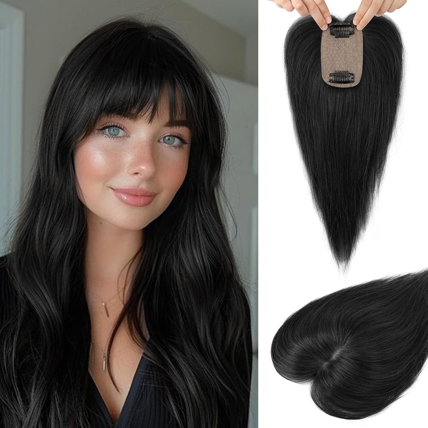 Real Human Hair Topper 10 In Clip in Bangs 150% Density Silk Base Natural Black