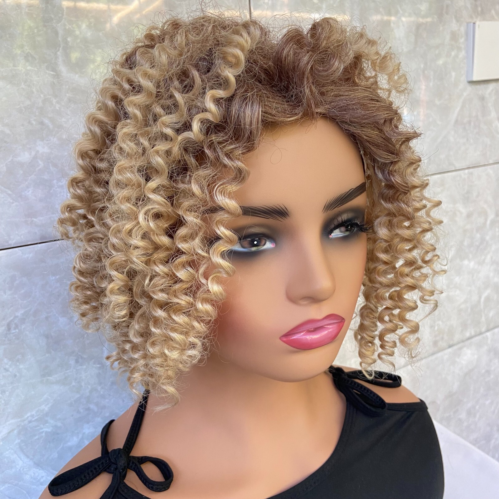 Short Kinky Curly Rooted Blonde Mix Human Hair Blend Heat Ok Wigs Women Soft
