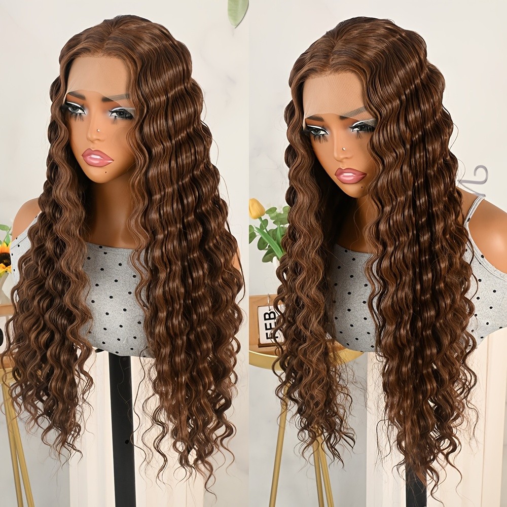 Lace Front Wigs Long Deep Wave 13×4 Glueless Replacement Hair Brown Highlight