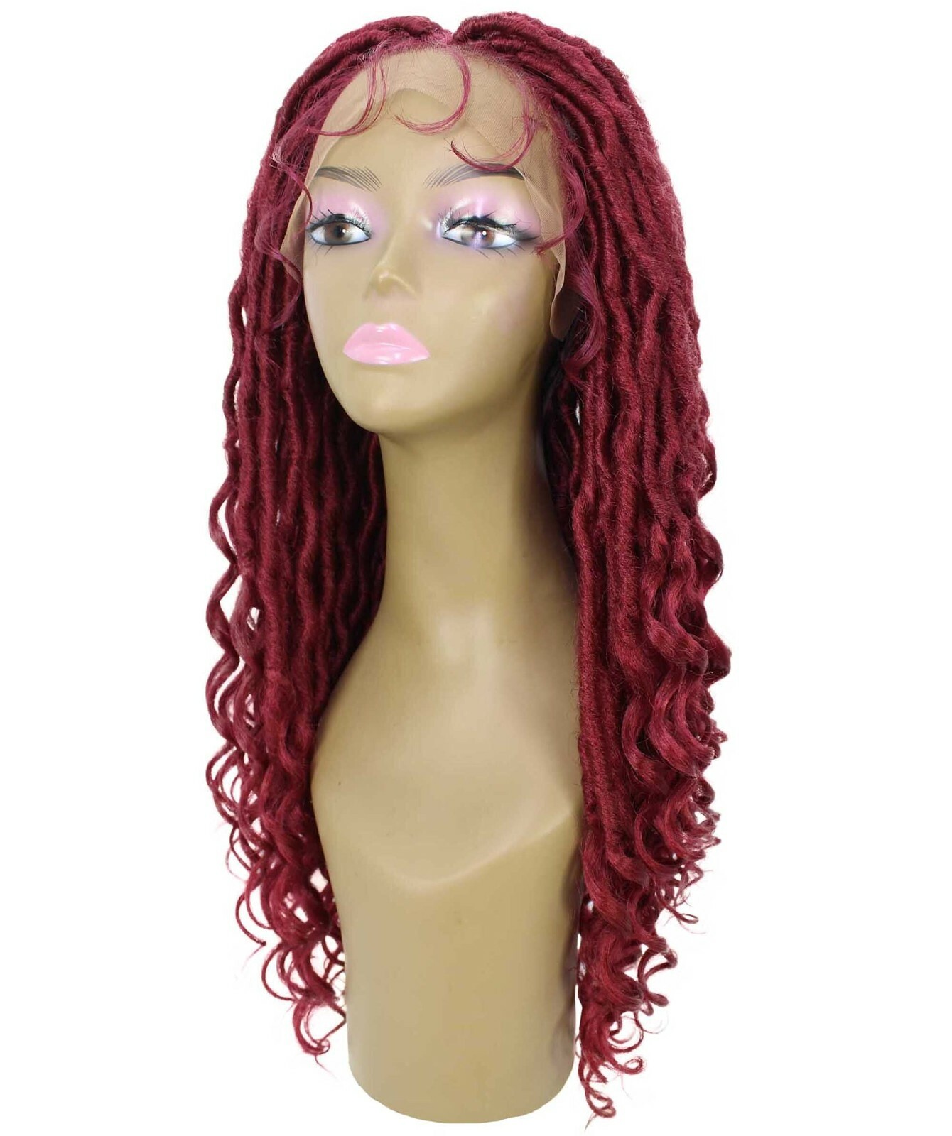 LUXLUXE Andrea 4×4 Curly Long 4X4 Hand Tied Lace Braid Burgundy Wig
