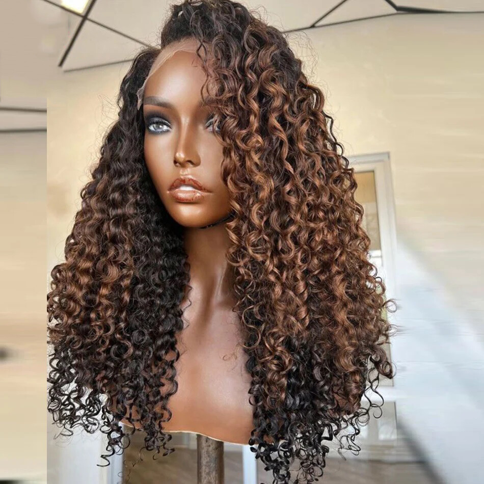 Brown Highlight Human Hair Wig Side Part Curly 13X6 Lace Front Wigs Baby Hair