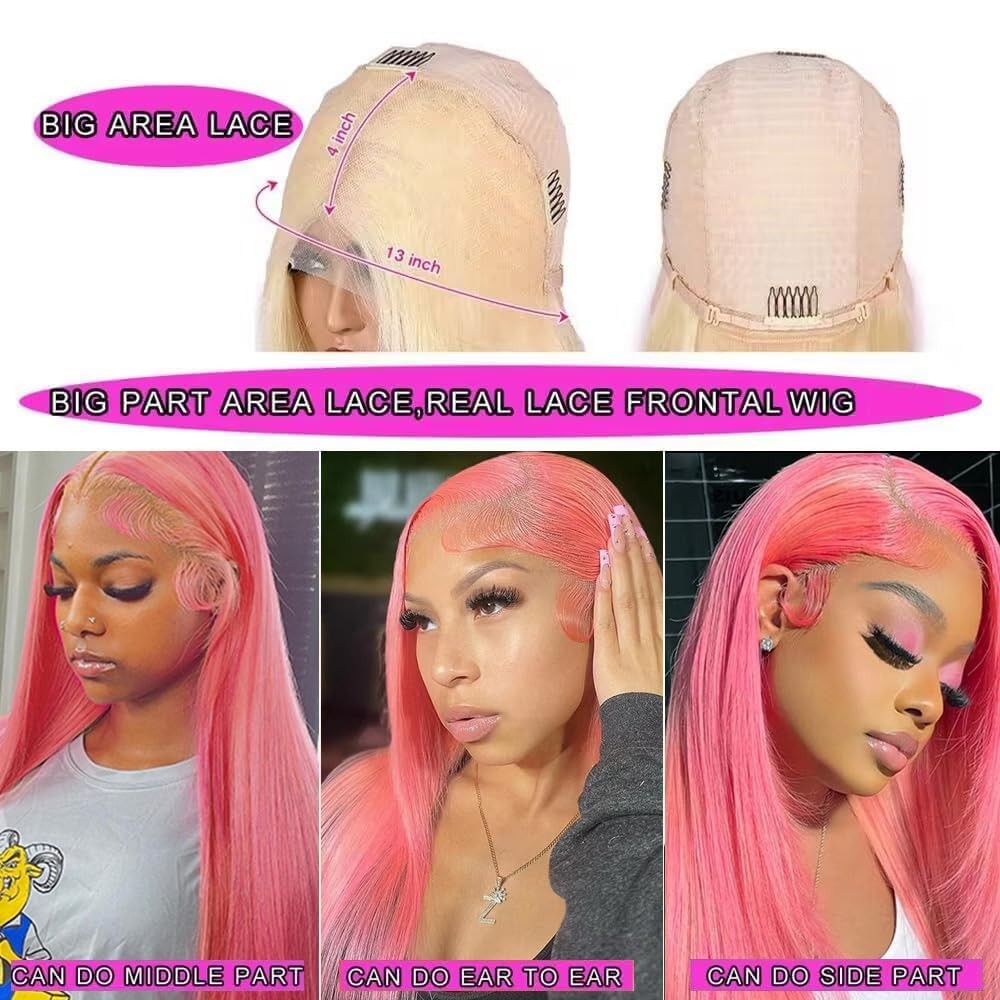 Guebb Straight Pink Hd Lace Front Wigs Human Hair 26 Inch Wear And Go Glueless