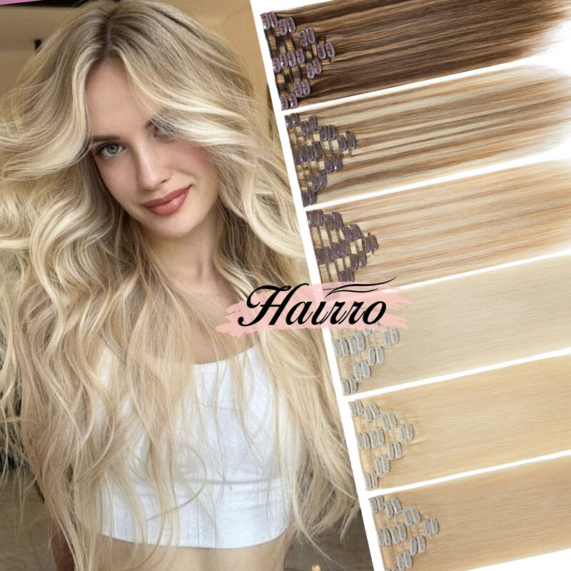Clip In Human Hair Extensions 100% Real Russian Remy Hairpiece Full Head HAIRRO