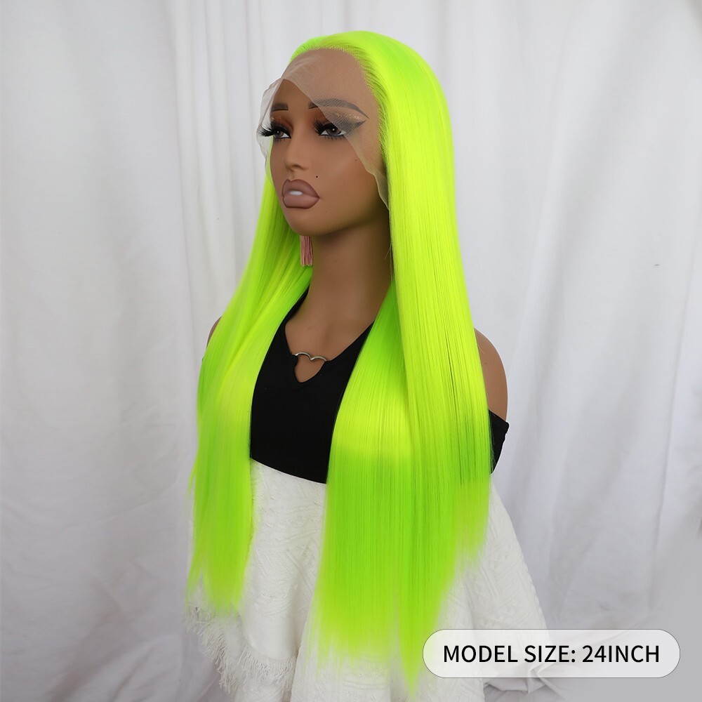 Bright Yellow Neon Green Straight Hair Lace Front Wigs Pre Plucked Women Party
