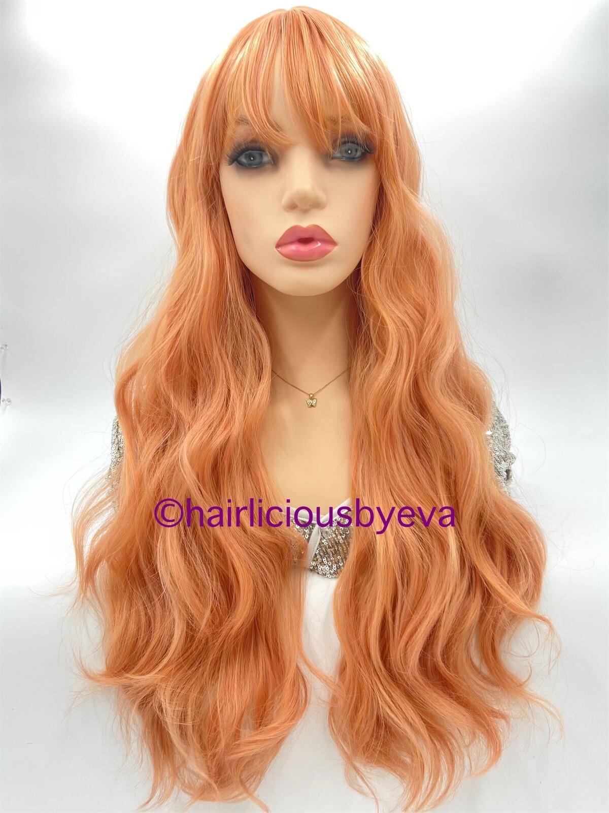 Rose Gold Pink Wig With Bangs Wavy 26 Inch Long Heat Ok