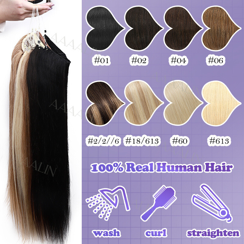 Invisible Wire In 100% Real Remy Human Hair Extensions Clip In Hairpiece 1PCS US
