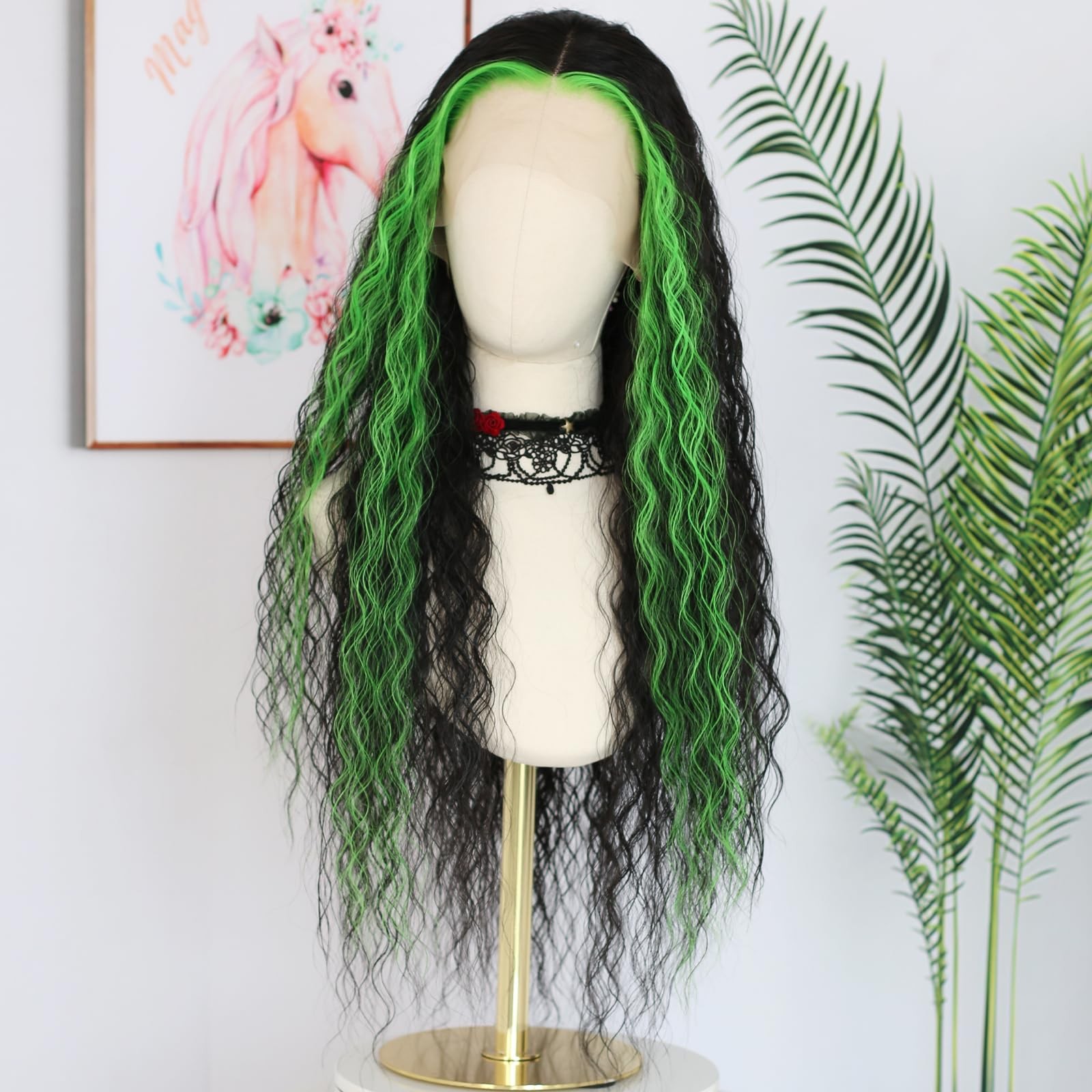 ANDRIA 13×4 HD Lace Front Wig 26″ Black Green Skunk Highlight Curly