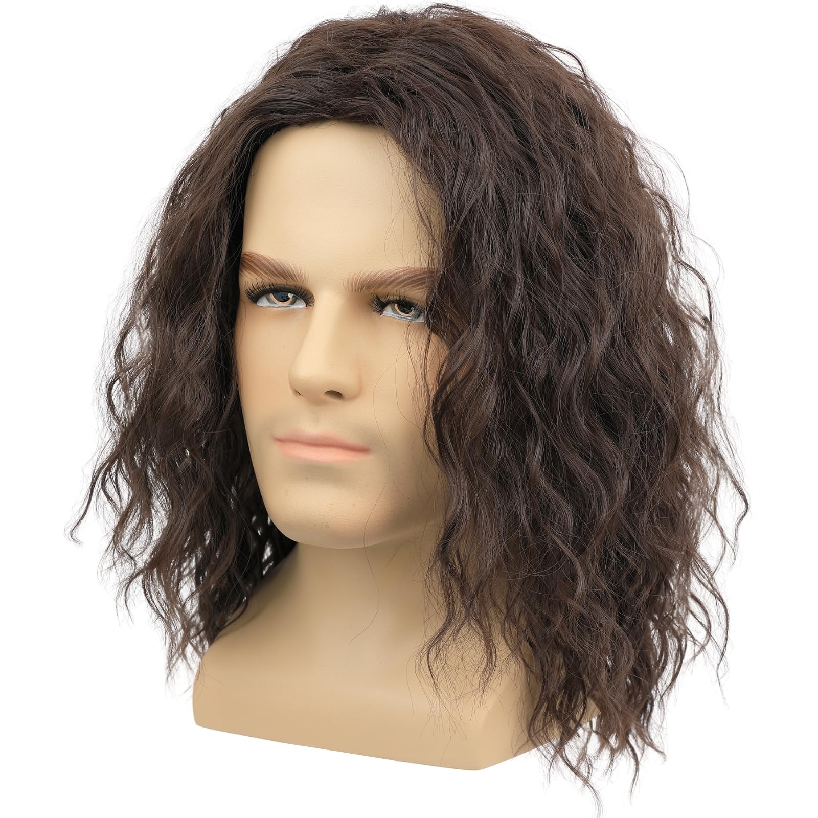 Mens Brown Wavy Wig – Medium Length Natural Look Middle Part Heat Resistant S…