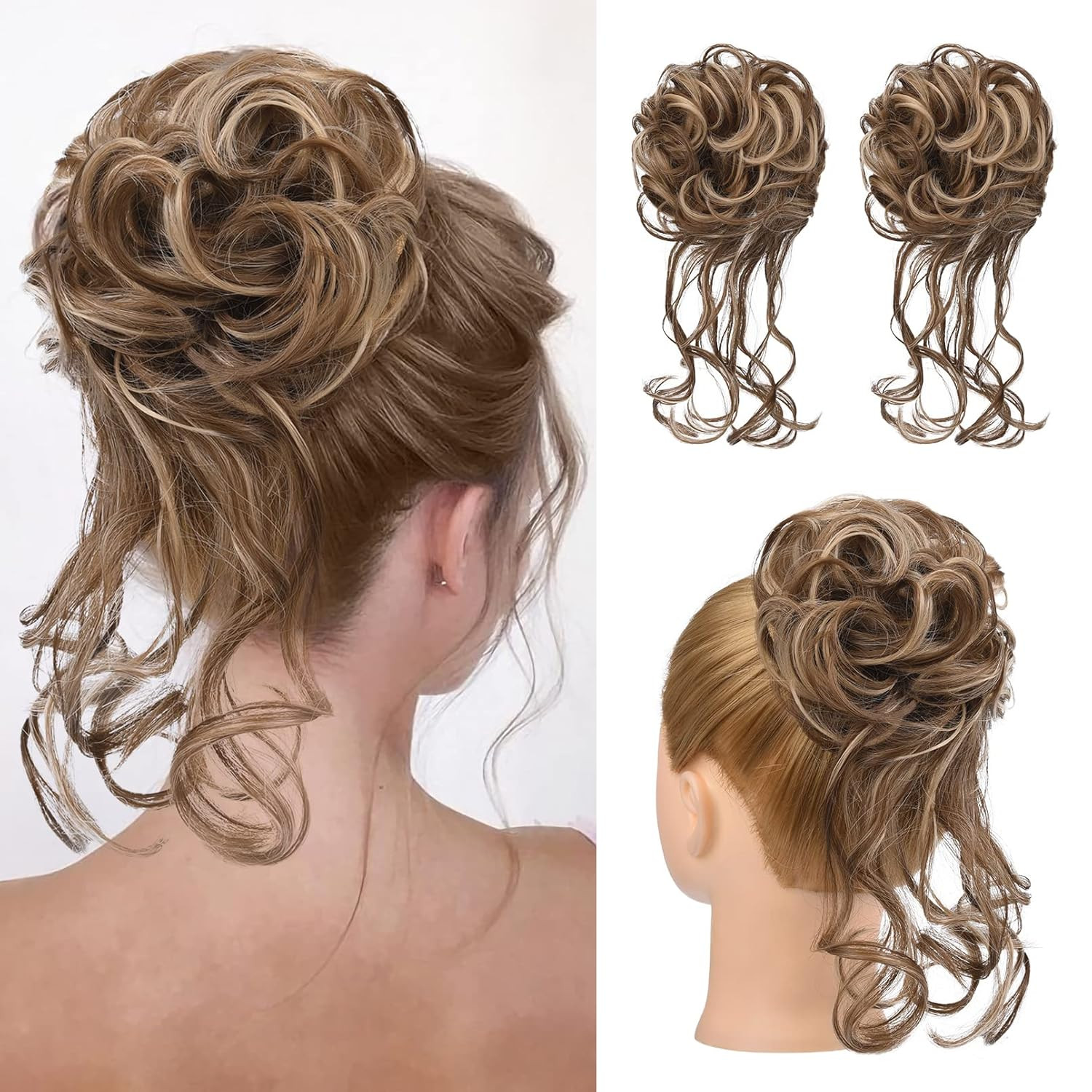 2 Pack Messy Bun Hair Piece, Wavy Curly Hair Wrap Ponytail Hairpieces, Light Bro