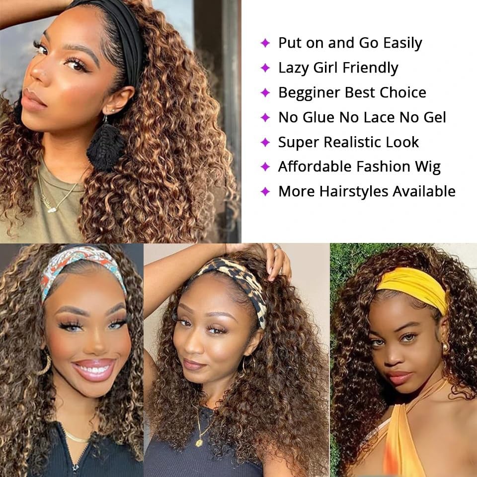 XSY Headband Wig Human Hair Kinky Curly Highlight Ombre P2/30# Headband Wigs for