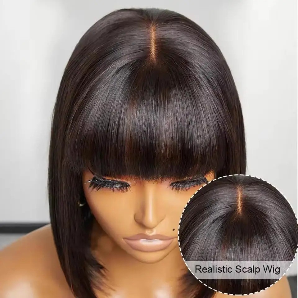 2×1 Straight Bob Lace Closure Wigs with Bangs For Women Brazilian Hair Short