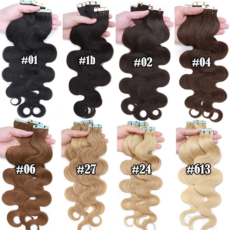 20/40/60pcs Thick Tape In Human Hair Extensions Skin Weft Body Wave Curly #Brown