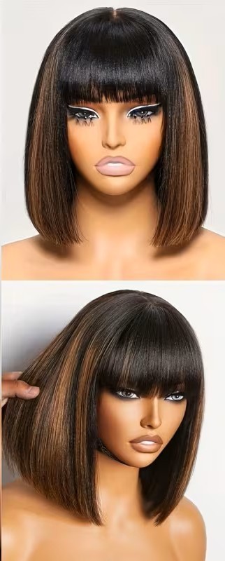 Synthetic Short Straight Hair Wig – Black Brown Blonde Highlights 12″
