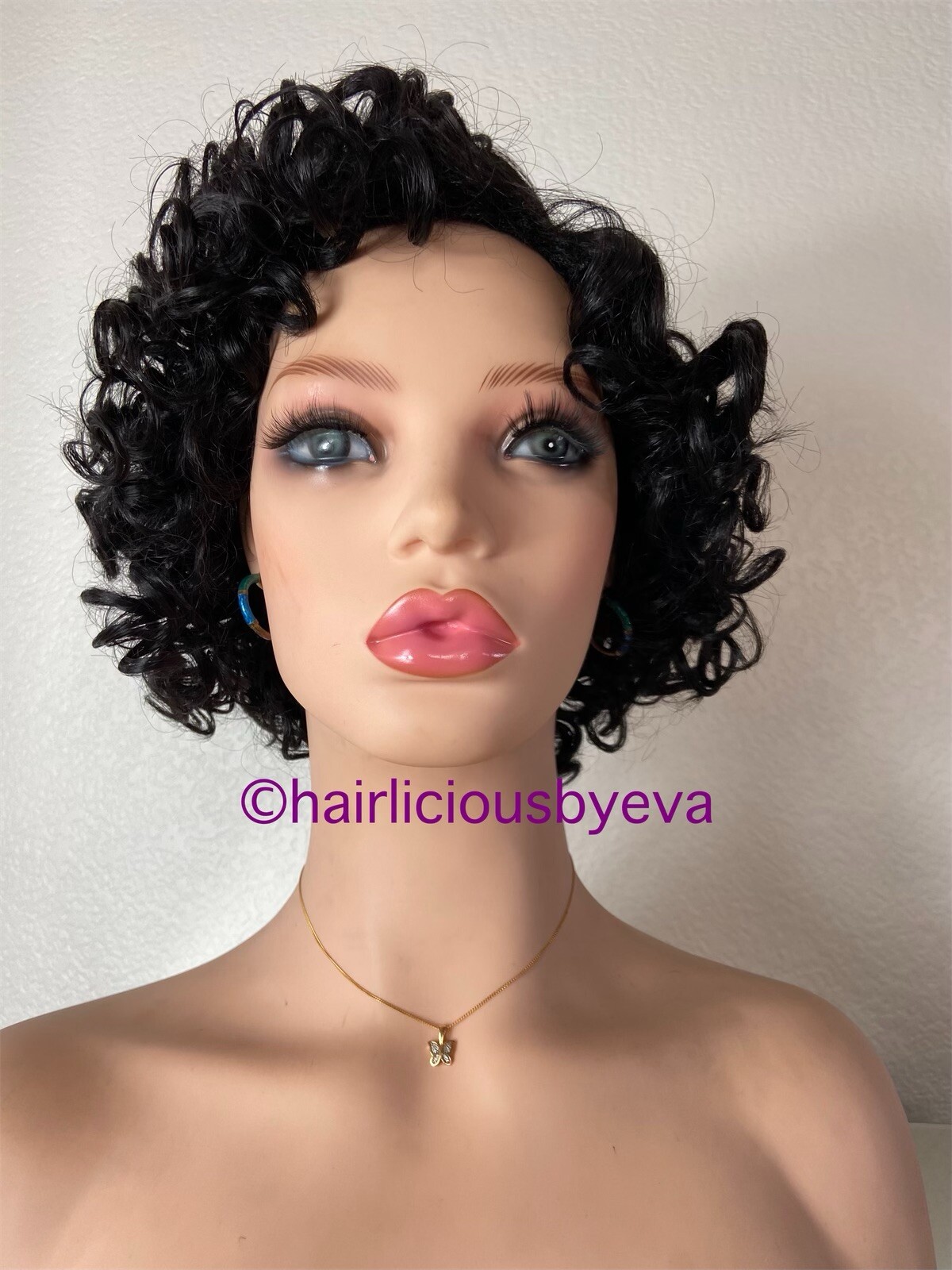 African American Curly Wig Short Black Side Part