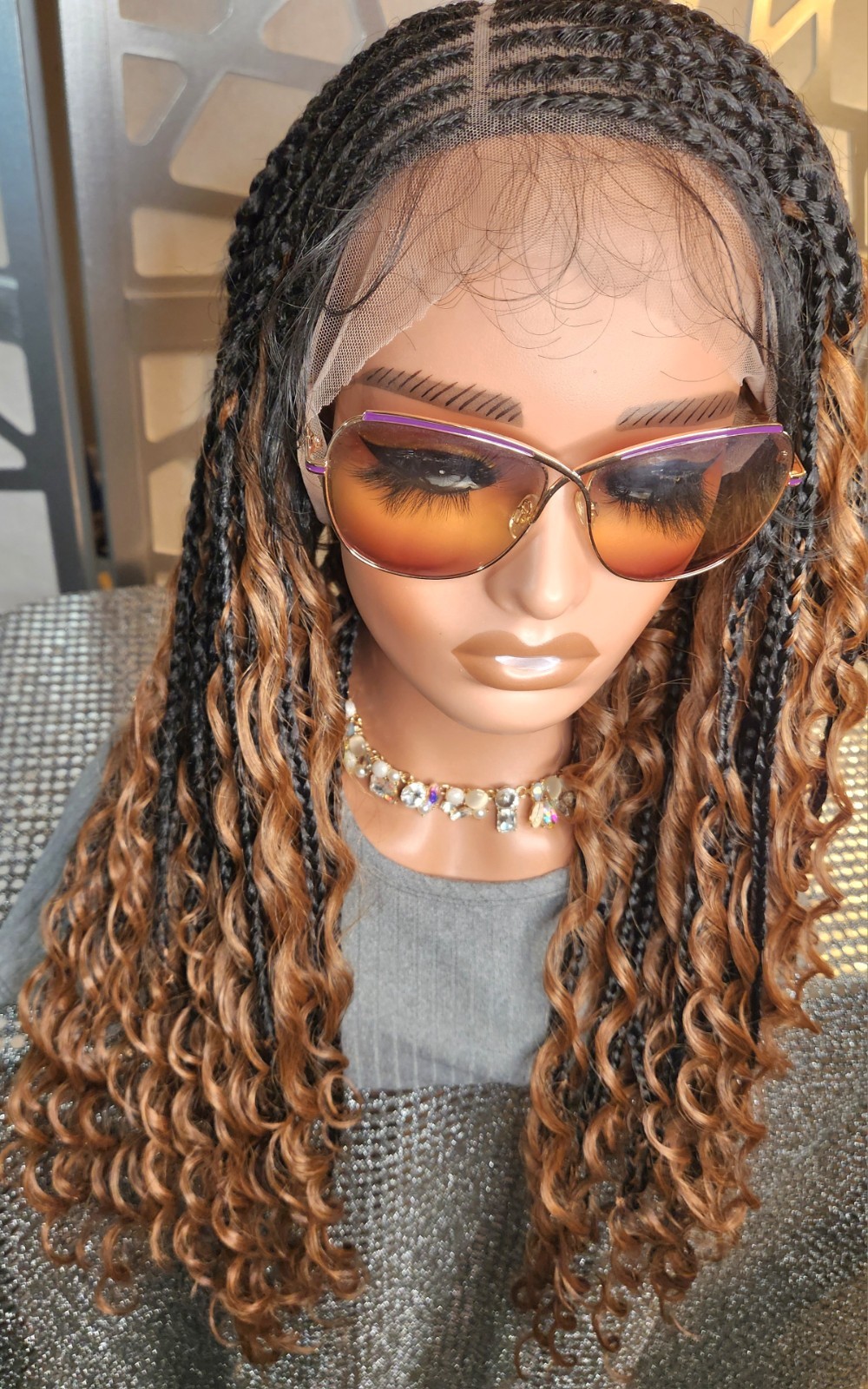 Boho Knotless Box Braids Wig 13×6 Lace Front Ombre Black Auburn Curly Ends