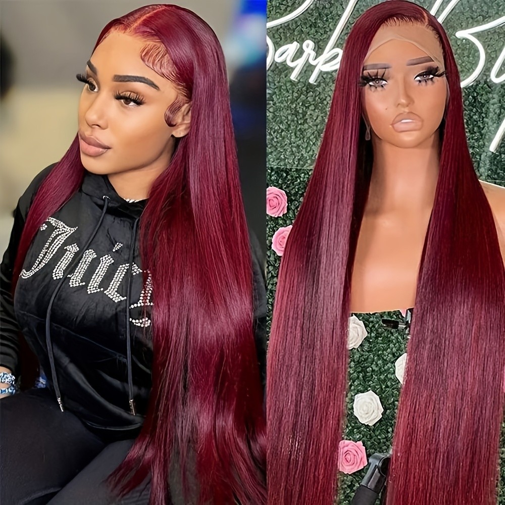 Burgundy Color Long Straight Hair Frontal Lace Replacement Wigs Glueless Natural