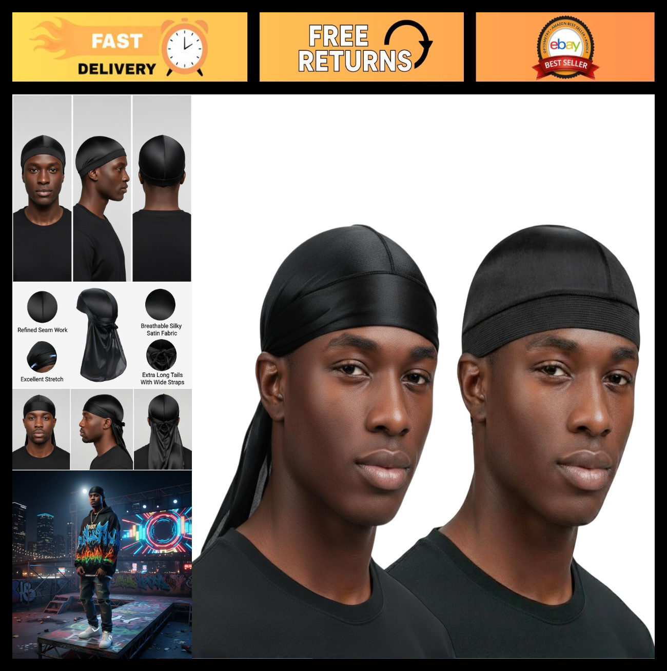 Silky Satin Durags for Men & Women – Long Tail Do Rag Cap, Headwrap for Waves