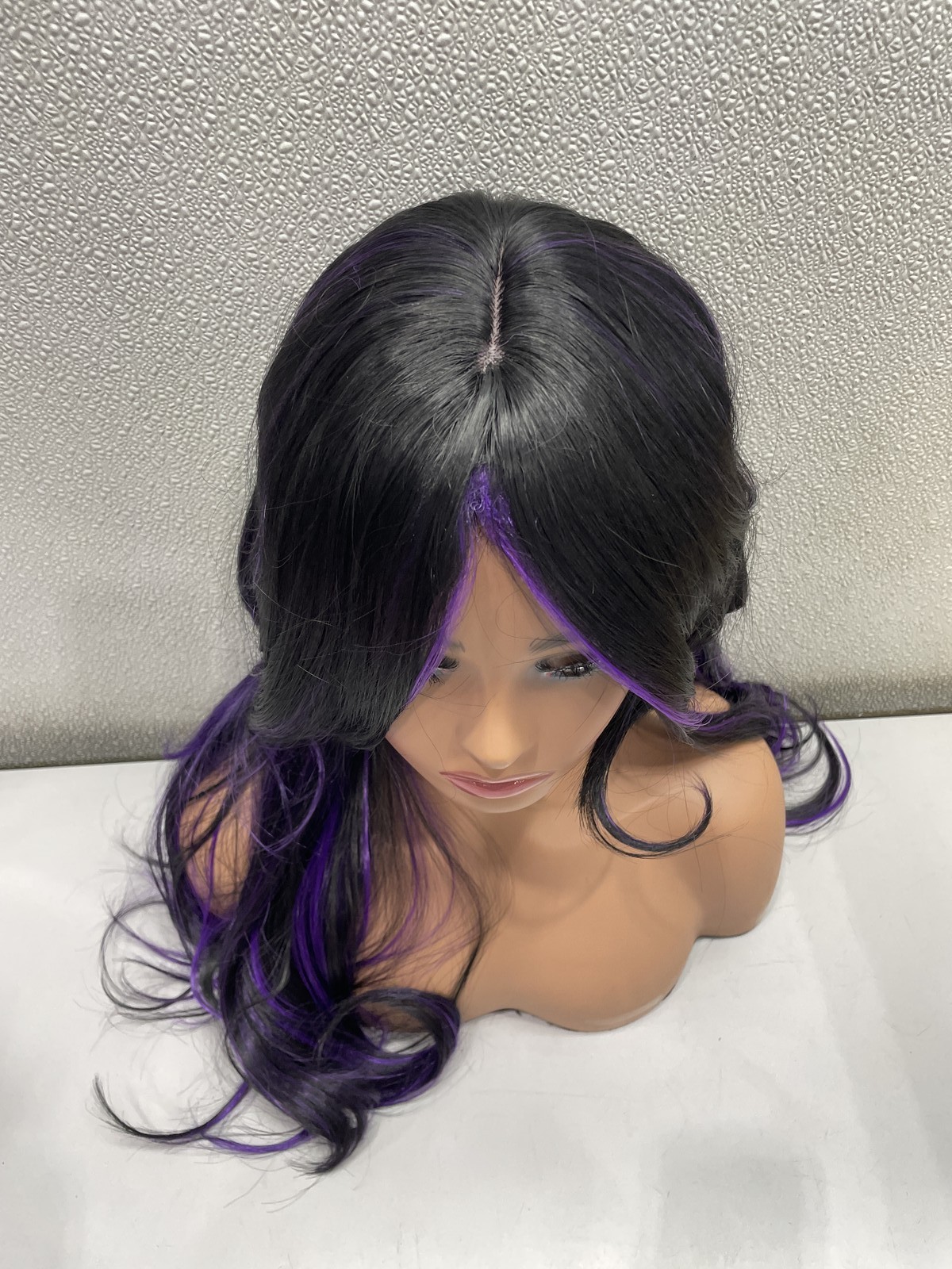 Highlight Purple Mix Black Synthetic Layered Glueless Wig, 24″