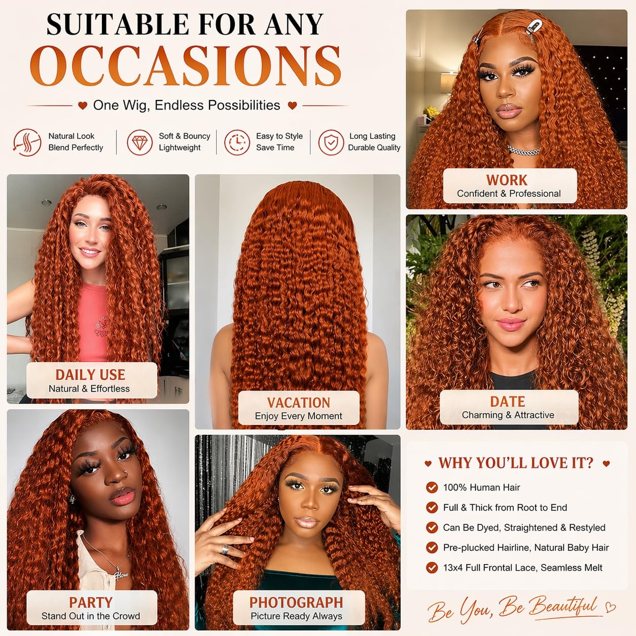 ALSZIQIHR Ginger 13×4 Water Wave Lace Front Human Hair Wig for Women 24Inch