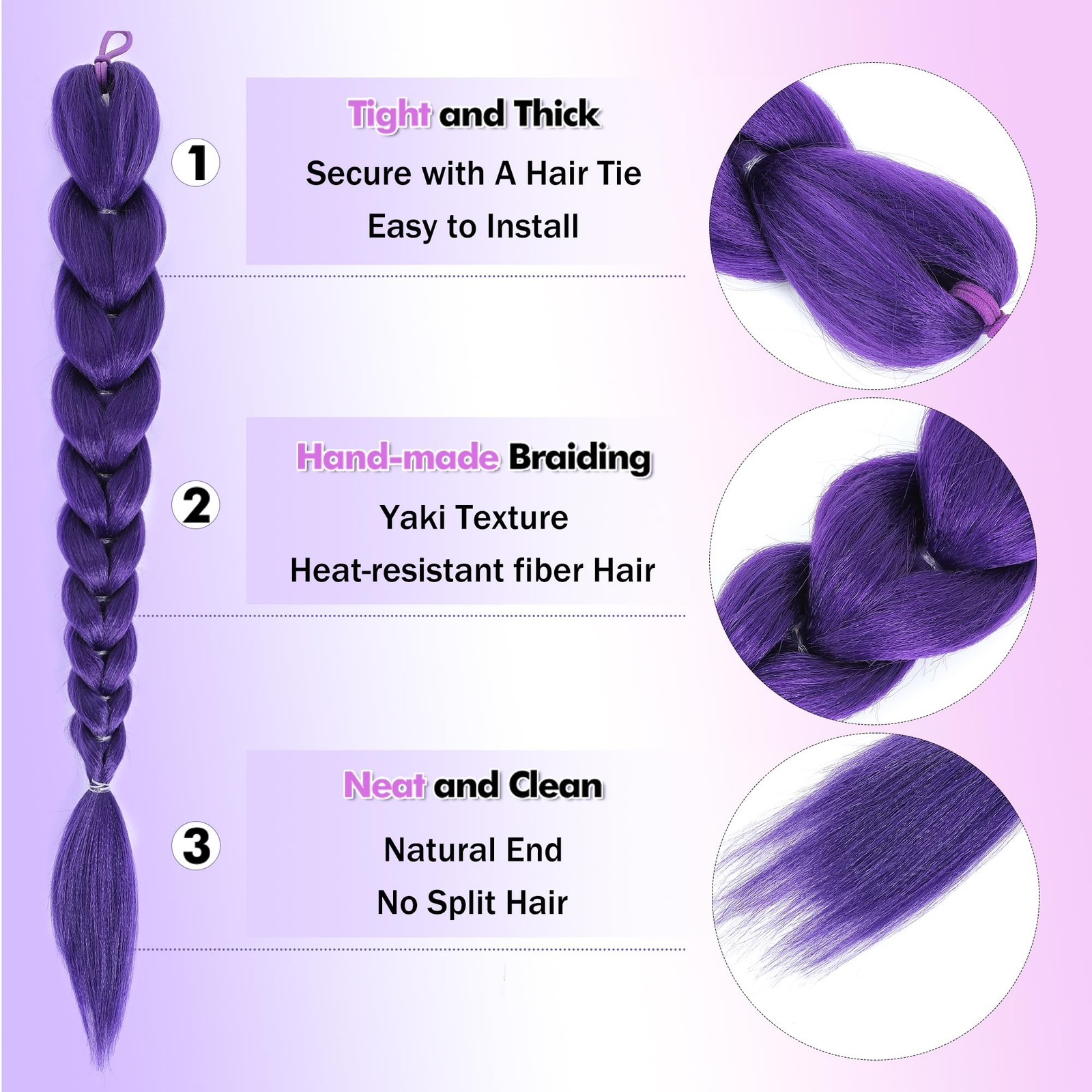 24 inch Purple Braids Ponytail Hair Pre Braiding Hair with Tie Synthetic Purp…