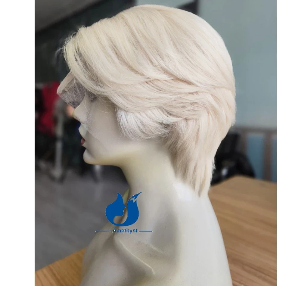 Men’s White Platinum Wolf Cut Short Bob 13×4 Lace Front Wig Human Hair Layered