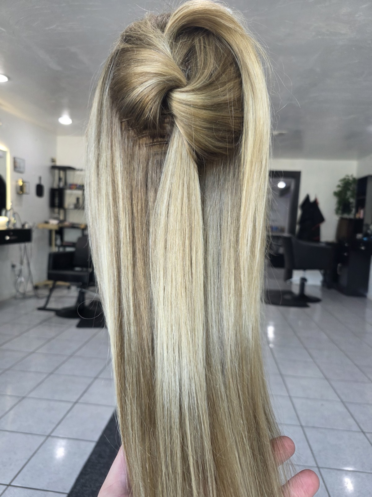 30-inch custom-colored wig crafted from virgin human hair, designed to emulate