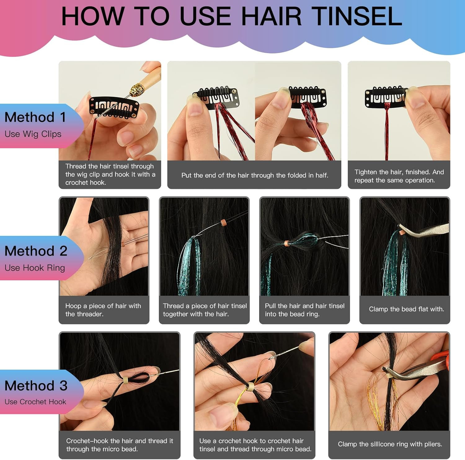20 Colors Hair Tinsel Kit with Tools 4000 Strands 47 Inches Tinsel Hair Extensio
