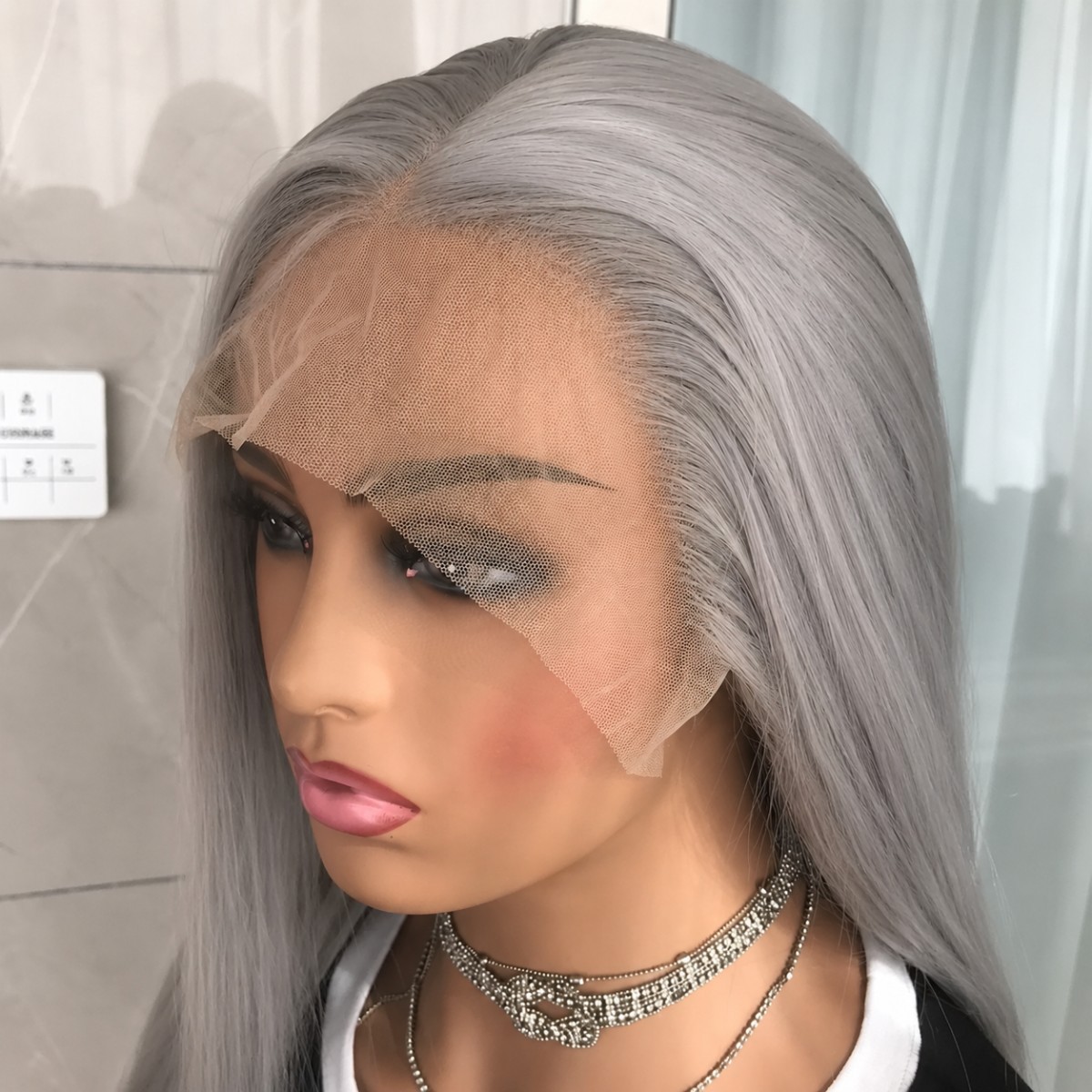 Silver gray Soft Heat Resistant Synthetic Hair Frontal Lace Wigs Long Straight