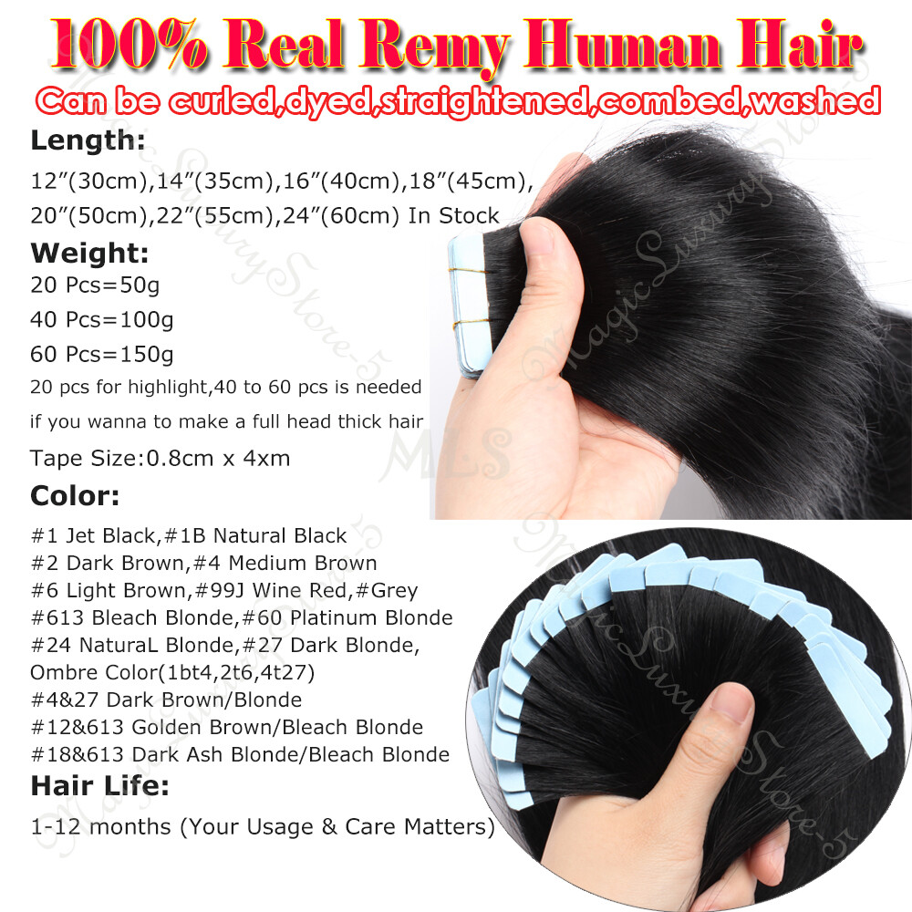 8inch-24inch Tape Skin Weft Extensions 100% Human Hair Extensions Remy Real AAAA