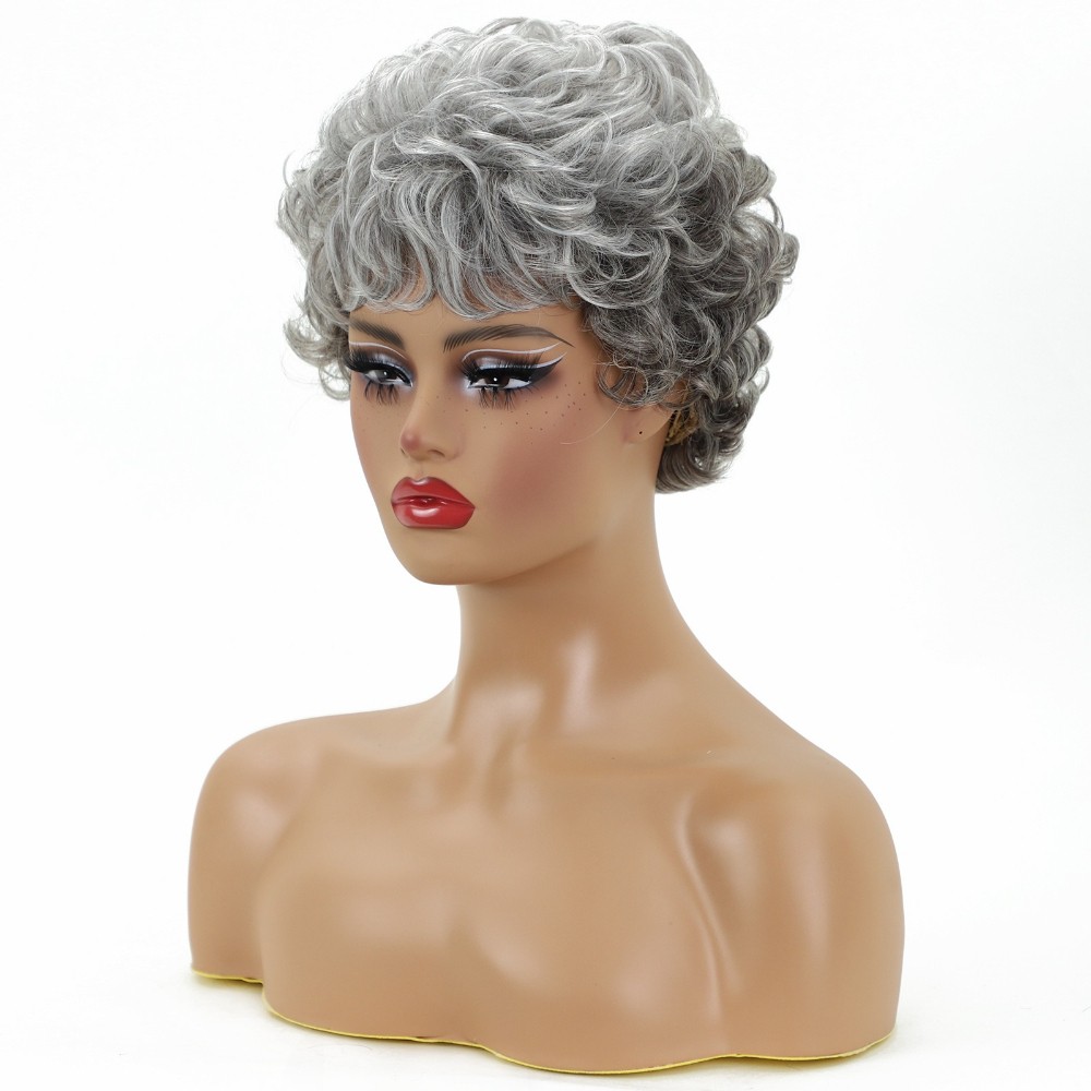 Women’s Short Curly Silver Gray Wig Heat Resistant Synthetic Full Daily Wear