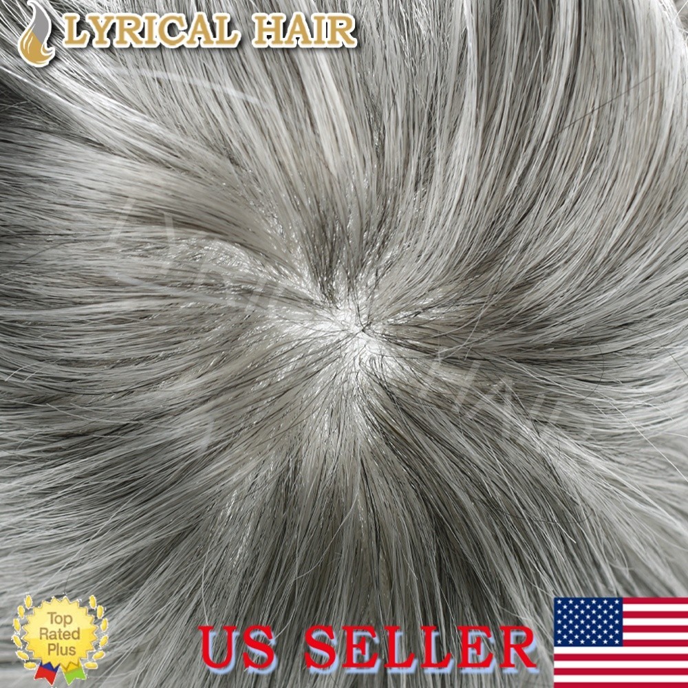All Poly Mens Toupee Human Hair Replacement System Skin PU Grey Brown Hairpiece