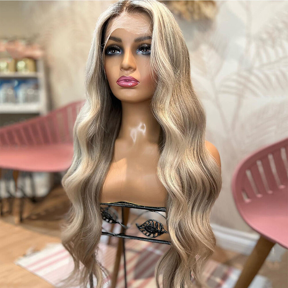 Highlight Blonde Lace Front Wigs 13×4 Human Hair Brown Roots Loose Body Wavy