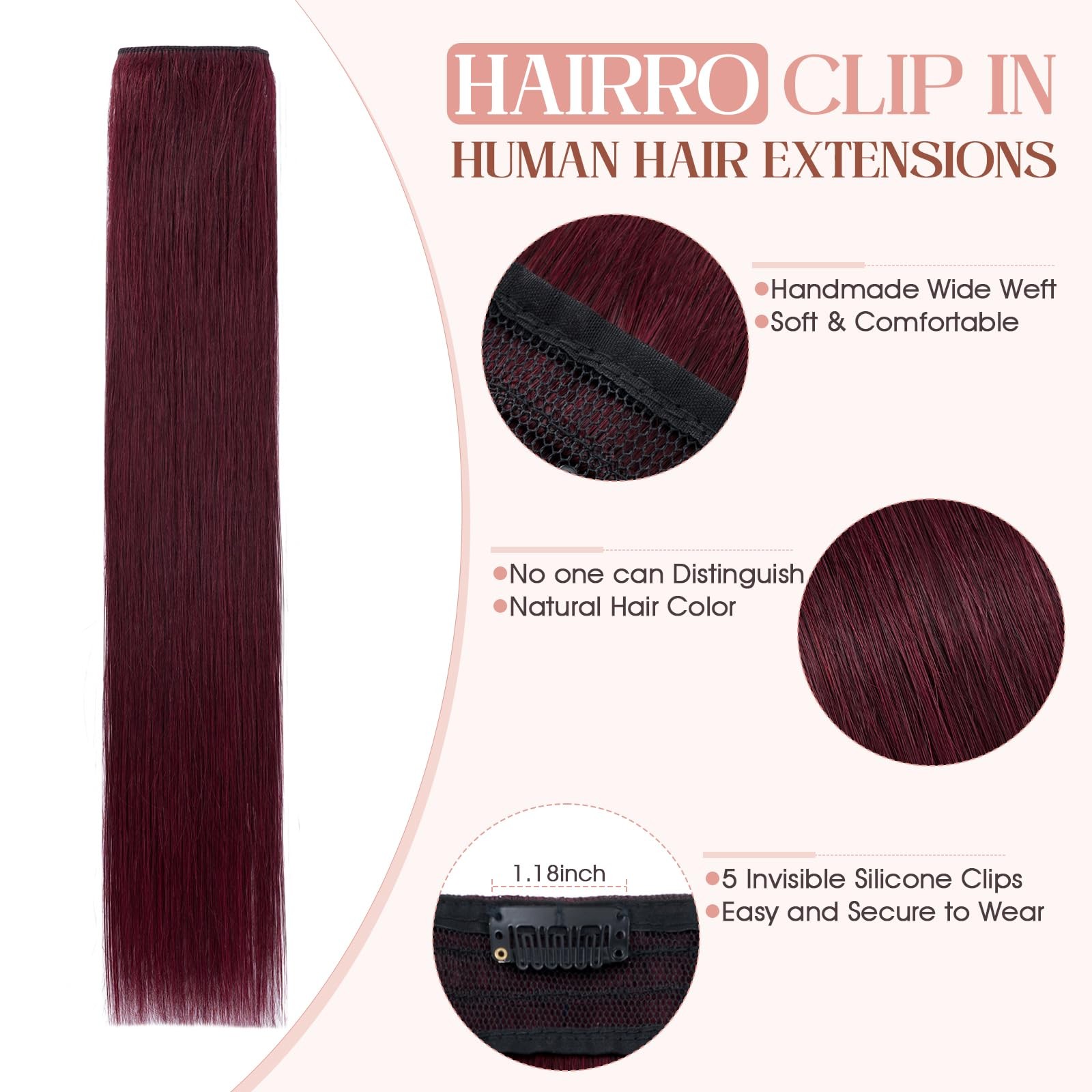 Hairro 16 Inch Clip In Extensions 100 Remy Human Hair 45G One-Piece 5 Clips