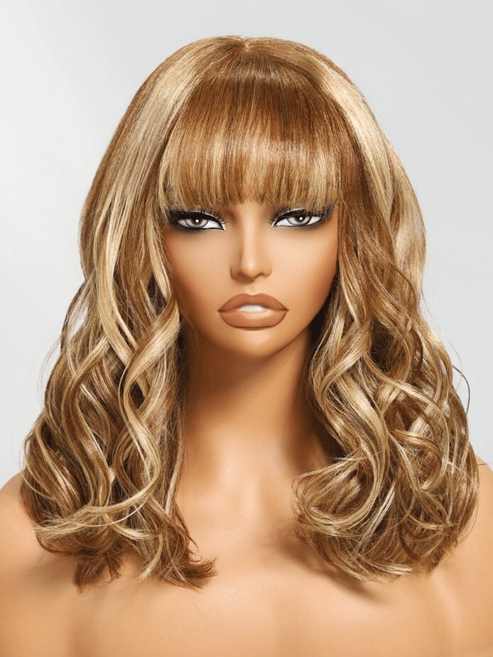 Honey Blonde Brown Highlight Wave Wigs with Bangs 100% Human Hair Wigs Glueless