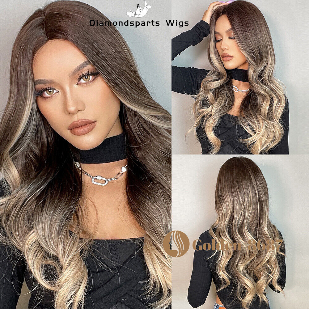 Fanshion Long Wavy Ombre Brown Light Blonde Synthetic Wigs for Women Hair Wig US