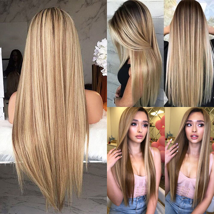 Long Ombre Brown Blonde Wig for White Black Women Dirty Blond Highlight Straight