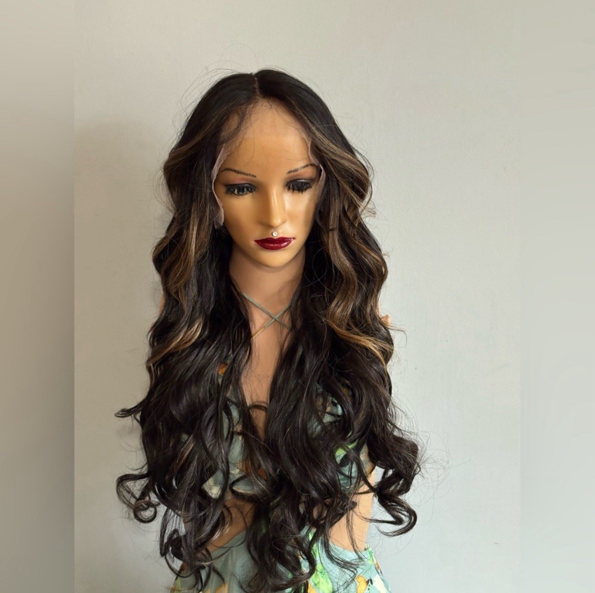 Daily Wear WIG! Long wavy BLACK With Golden Strands Human Hair Blend Lace Front