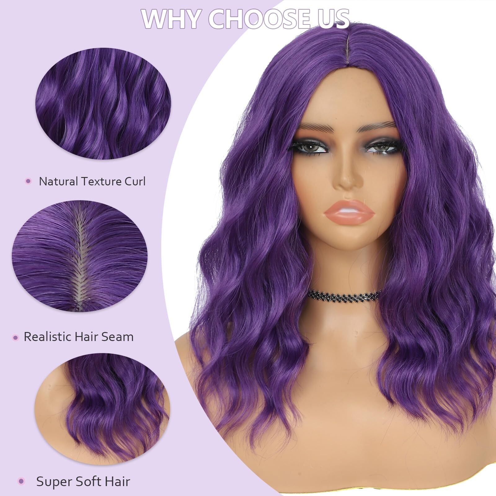 BEAUTIFA Dark Purple Wig for Women Wavy Curly Purple Bob Wigs Middle Part 14 …