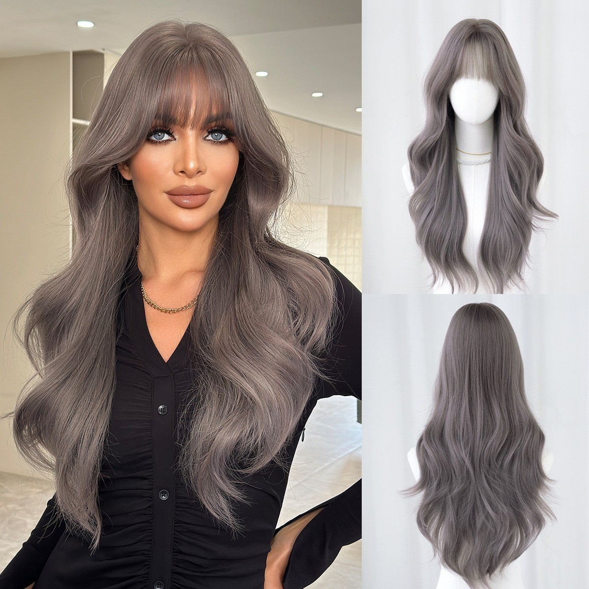 Grayish-purple long wavy hair with fringe-style bangs artificial hair natural