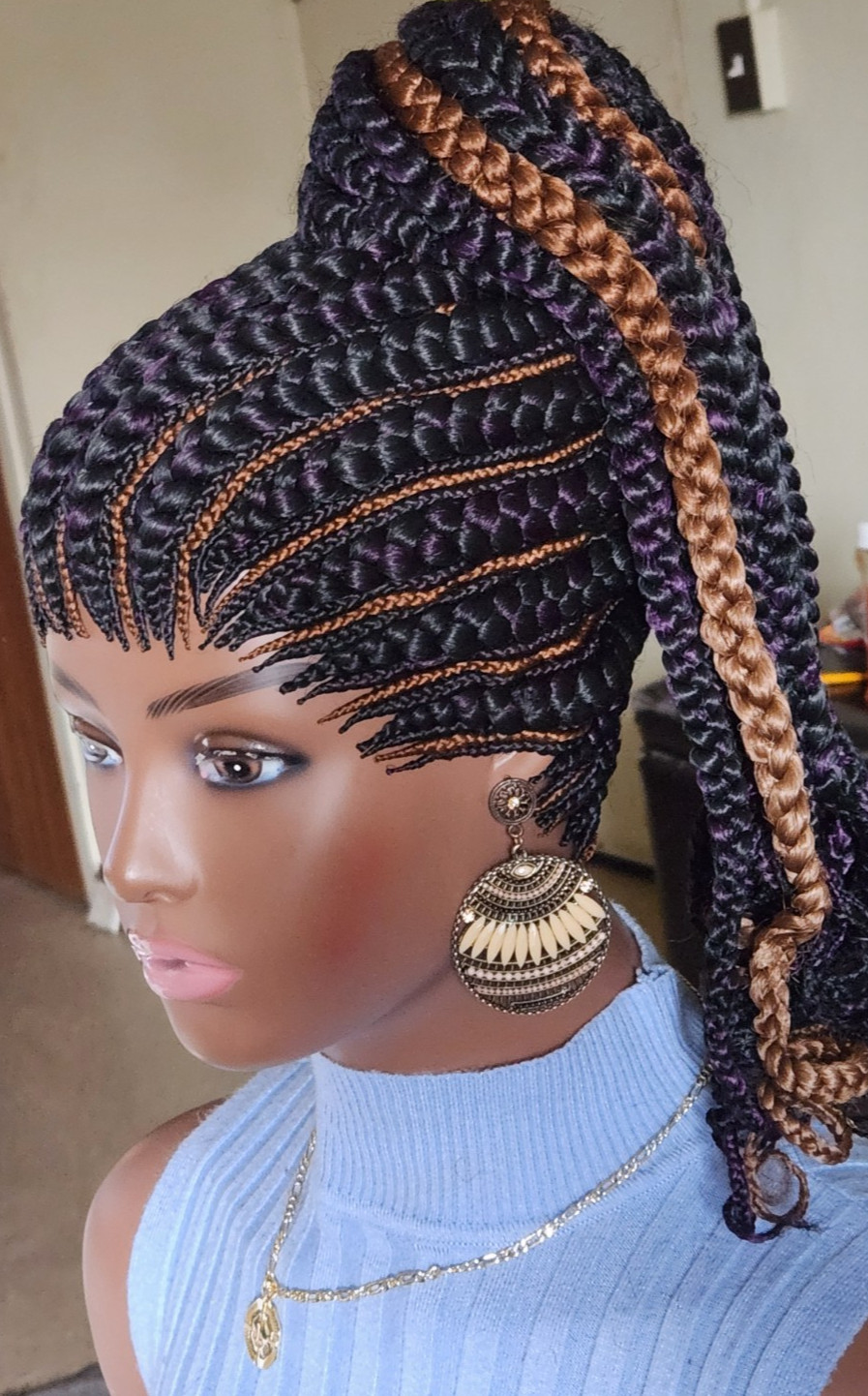 handmade braided Ghana banana cornrows wig poney tail 1B mix Dark purple/Dark br
