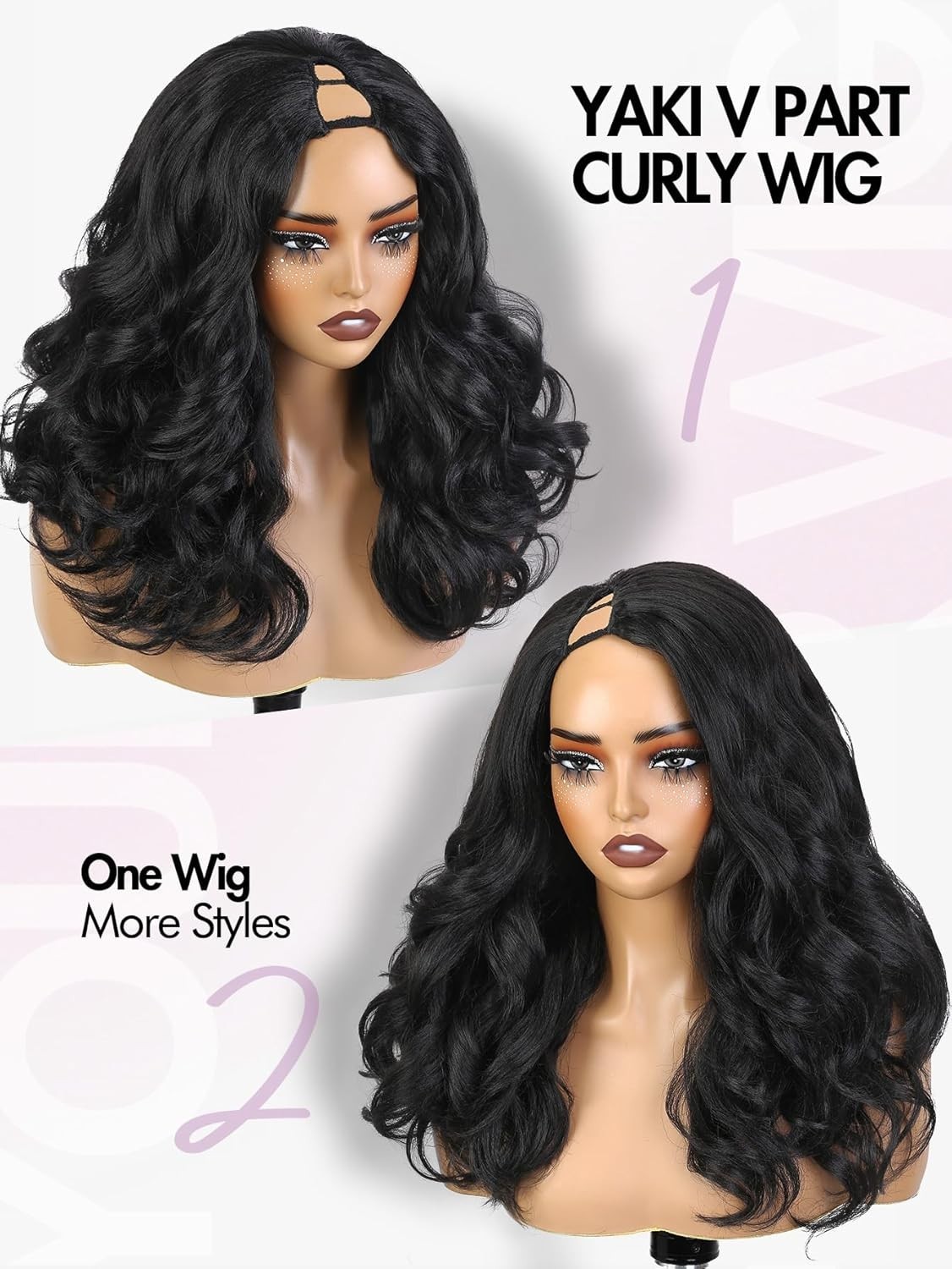 V Part Yaki Curly Wig Layered Wavy Synthetic Half Wig Glueless for Women