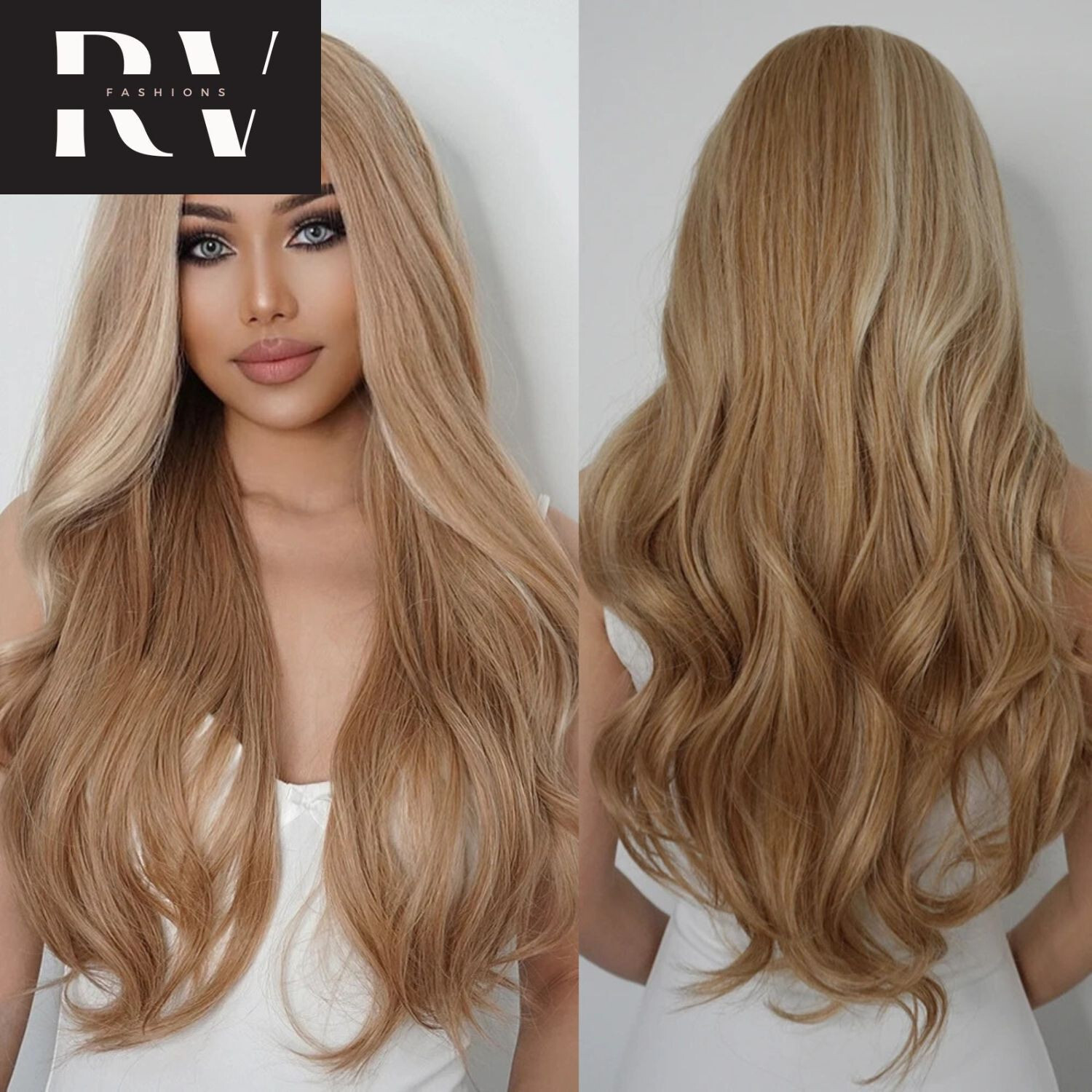 Long Ombre Black Gloden Honey Brown Wavy Synthetic Wigs with Bangs Natural Hair