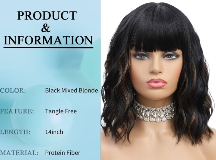 Wavy Bob Black Brown Highlight Wigs with Bangs for Women Short Bob Curly Wig