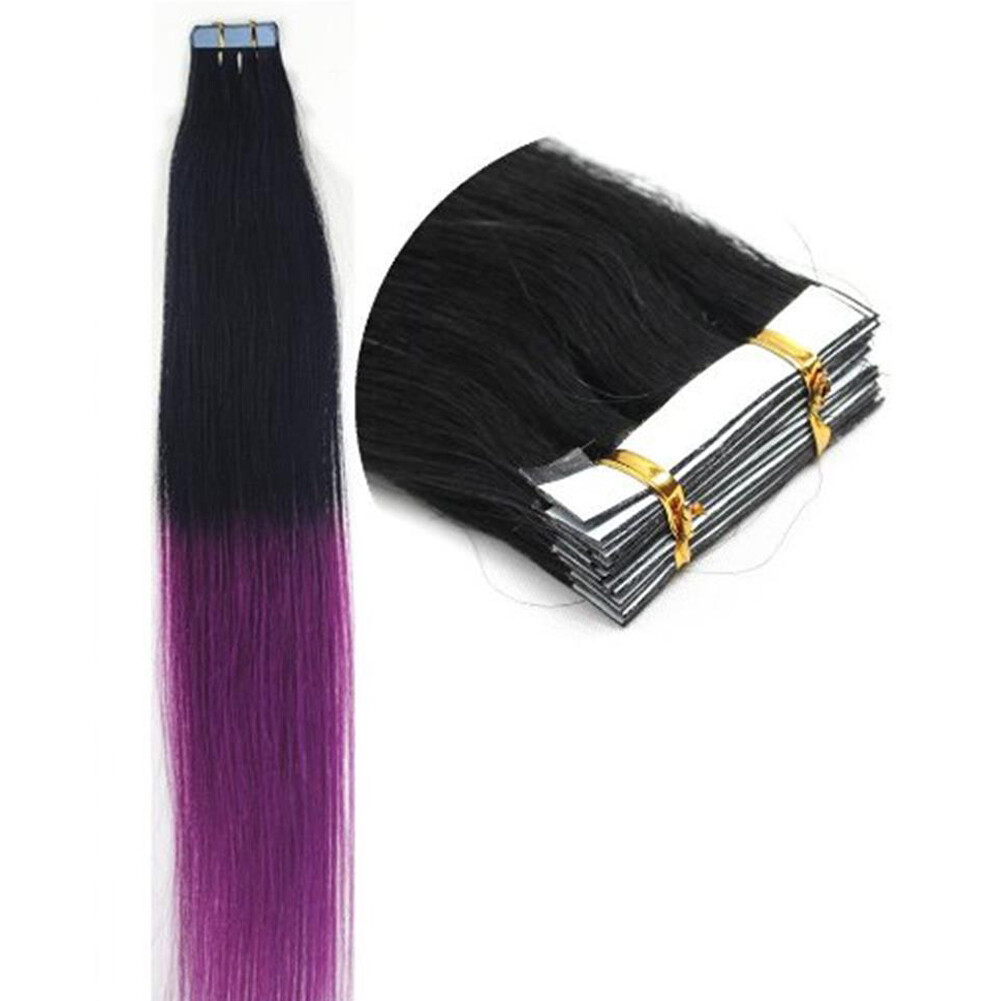 Seamless Skin Weft Tape in Remy Human Hair Extensions OmbreColor Black to Purple