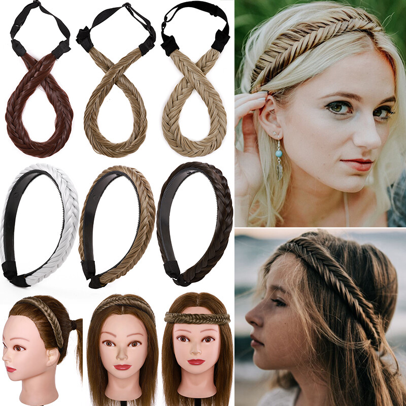 Women Girls Elastic Hair Band Wrap Headband Plaid Hairband Braided Head Band US